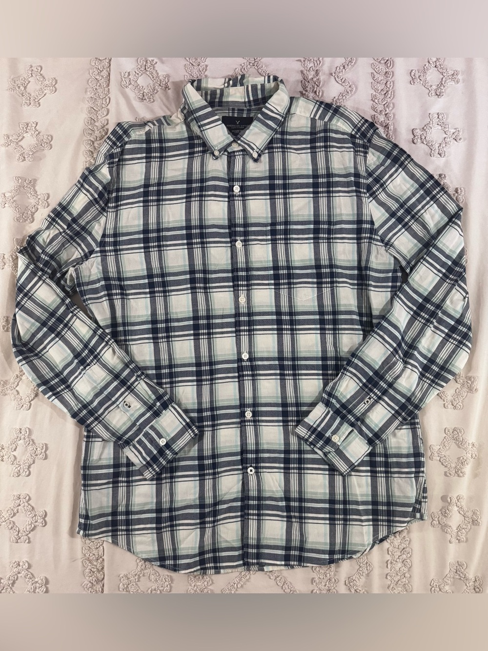 American Eagle Outfitters Navy & White Plaid Button-Down Shirt